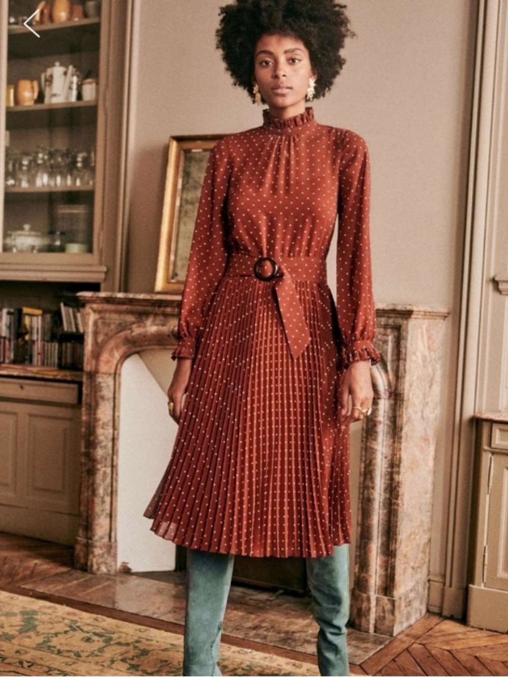 Sezane Muse Dress in Moka Polka Dot, High-Neck Rust Pleated Midi Dress FR36/US4